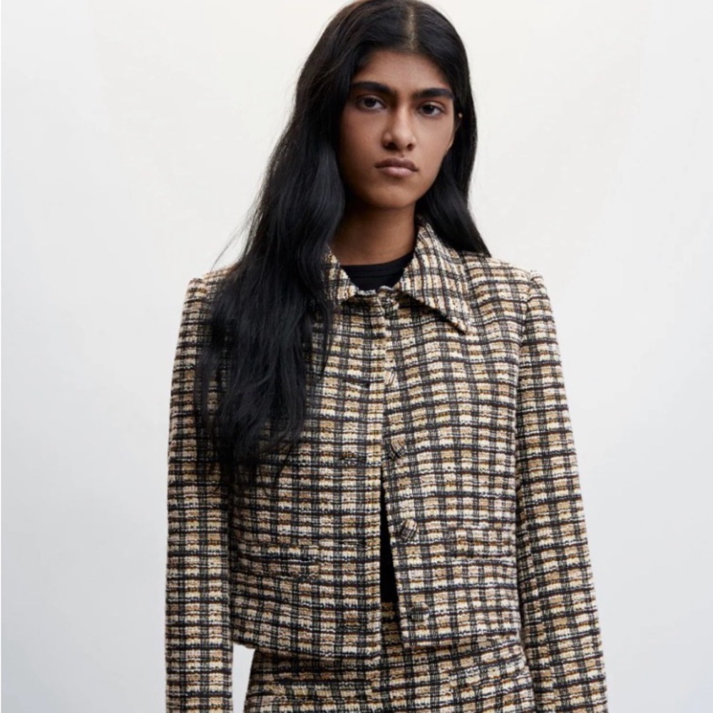 Mango Plaid Cropped Blazer